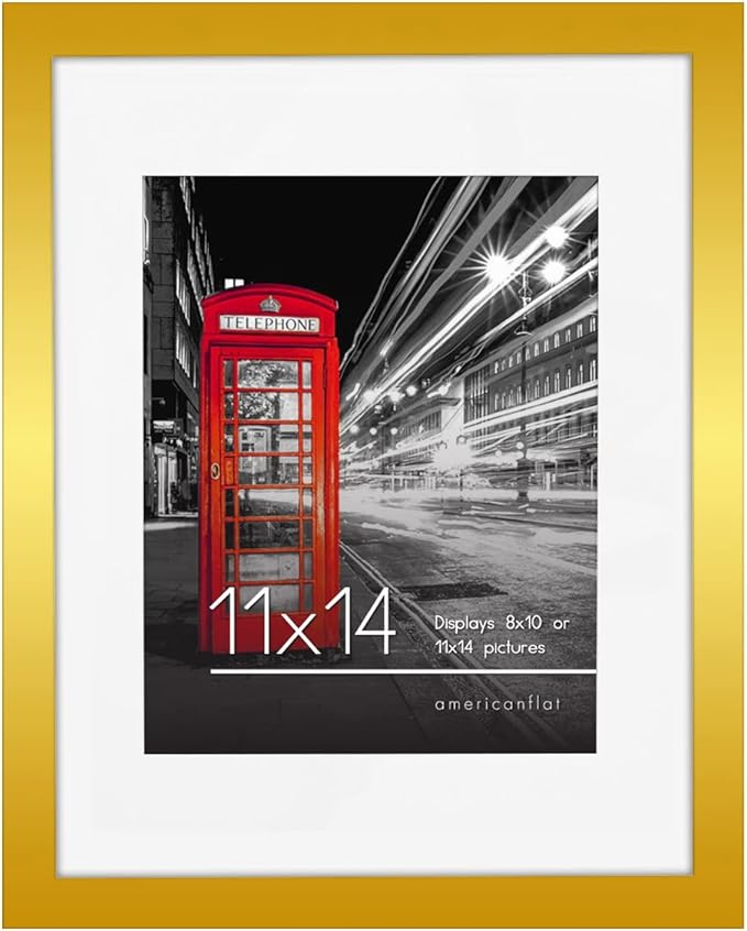 Americanflat 11x14 Picture Frame with Polished Crystal-Clear Glass - Use as 8x10 Frame with Mat or Display 11x14 Photo Without Mat - Signature Collection - Picture Frames for Wall Display - Gold