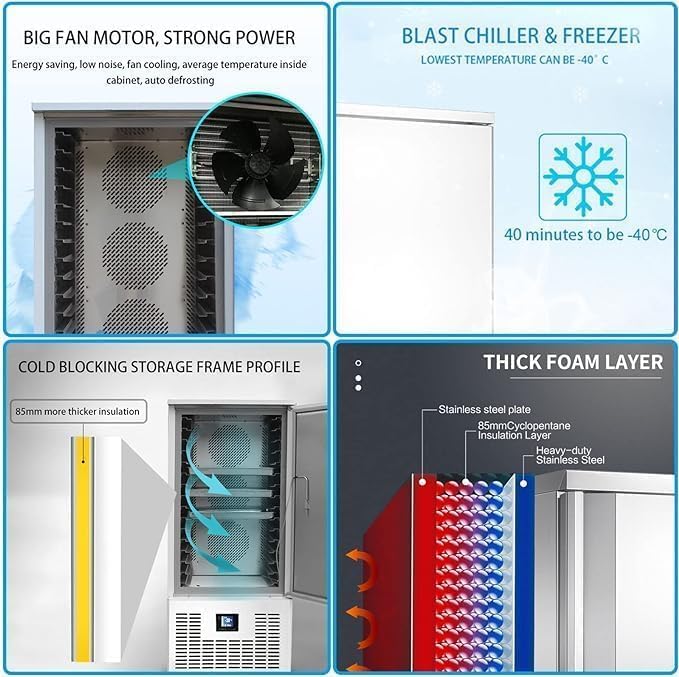 Kolice Commercial Heavy Duty 10 Trays Bakery Shock Freezing Blast Chiller & Freezer-Freezing Dough,Dumplings,Sea Food,Beef,Chicken-Lowest Temperature -40°F in Hotel,Restaurant,Bakery.School