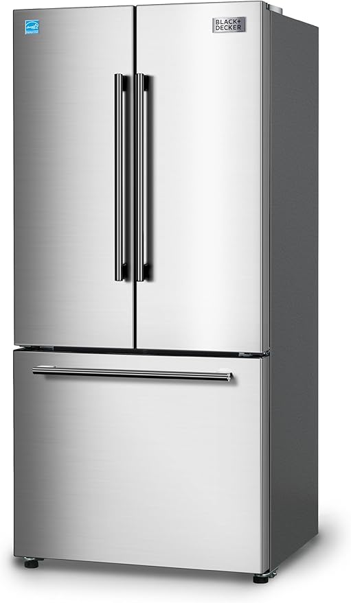 BLACK+DECKER 18 Cu. Ft. French Door Refrigerator with Built-in Ice Maker, Full Size Refrigerator with Bottom Mount Freezer Drawer, Frost Free, ENERGY STAR certified, BRF1800GIMS, Stainless Look