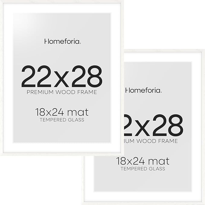 Homeforia 22x28 Poster Frame White, High End Oak 22 x 28 Wood Picture Frame with Mat 18 by 24 for Photo, 22x28 Large Wooden Frame Matted to 18x24, 28x22 Thin Frames, Tempered Glass, Wall Kit, Set of 2