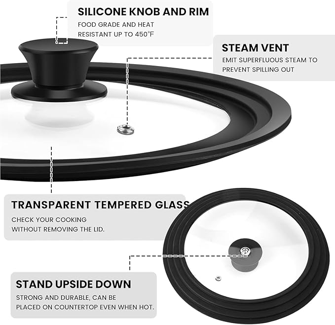 Universal Lid for Pots, Pans and Skillets, Tempered Glass Lid fit 7", 8", 9" & 10" 11" 12" Skillets, Pots, Frying Pans, Cast Iron, Crock Pot and Other Glass Covers Replacement