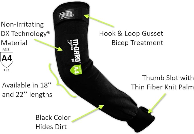 MAGID Cut Resistant Protective Arm Sleeves with Thumb Slot, 1 Pair, Black I Thumbslot: Yes, 18"