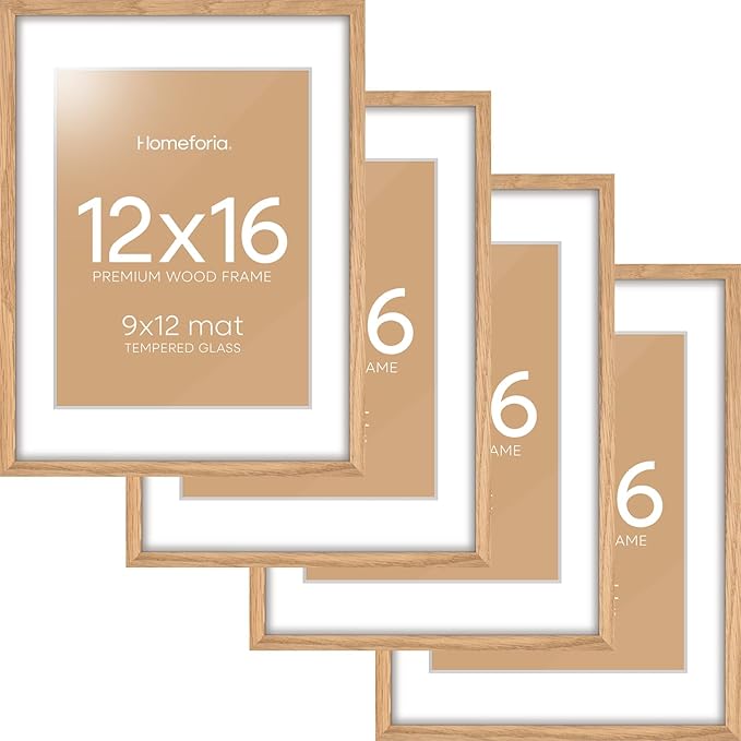 Homeforia 12x16 Wood Frame, High End Natural Oak 12x16 Light Wooden Picture Frame with Mat 9x12, 12 x 16 Poster Frames Matted to 9 by 12 Photo, 16x12 Hanging Frames, Tempered Glass, Wall Kit, Set of 4