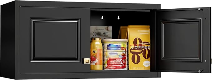 Metal Storage Cabinet with Doors, Small Kitchen Storage Cabinets, Black Wall Cabinet, 15" Tall Home Office Cabinet, Steel Overhead Cupboard for Pantry, Living Room, Kitchen- Assembly Required