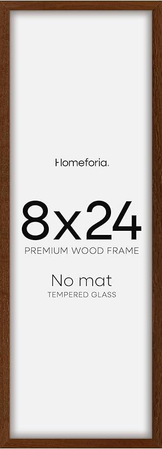 Homeforia 8x24 Panoramic Frame Brown, High End Dark Oak 8 x 24 Picture Frame Wood without Mat, 24x8 Thin Wooden Walnut Poster Frames for Wall, 8 by 24 Display Frame, Tempered Glass, Wall Kit, Set of 1