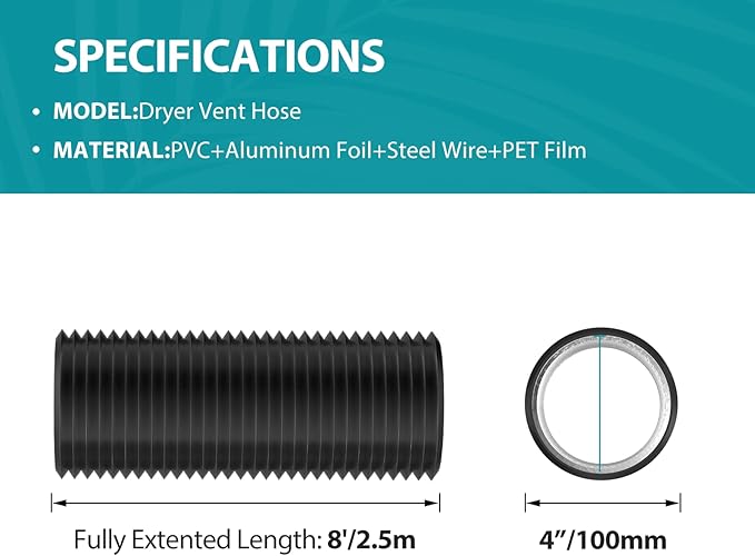 HG Power 4 Inch 8 FT Dryer Vent Hose, Flexible Aluminum Air Ducting, Heavy-Duty Dryer Hose with 2 Clamps, Dryer Duct Kit for HVAC Ventilation Heating Cooling Exhaust