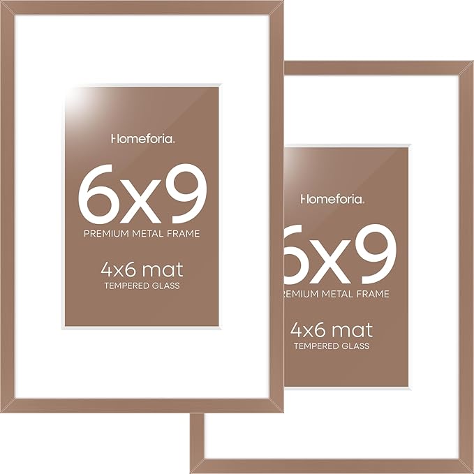 Homeforia 6x9 Picture Frame Mocha, High End Metal 6 x 9 Frames with Mat 4 by 6 for Print, Photo Frame 6x9 Mocha Matted to 4x6 inches Art, 6by9 Wall or Tabletop Frames, Tempered Glass, Wall Kit, Set of 2