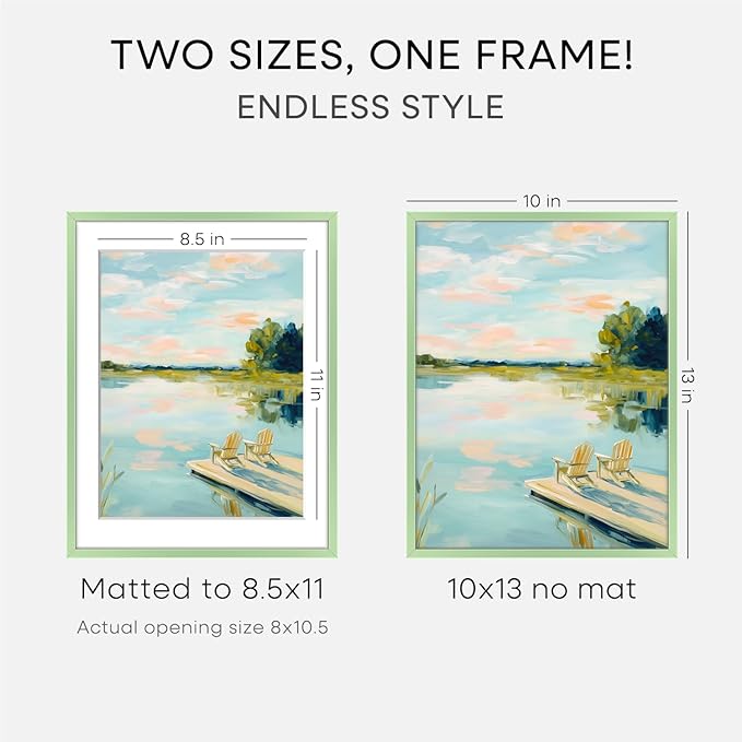 Homeforia 10x13 Picture Frame Sage Green, High End Metal 10x13 Wall Hanging Frame with Mat 8.5x11, 10 x 13 Poster Frames Matted to 8.5 x 11 inch Photo, 10by13 Frame, Tempered Glass, Wall Kit, Set of 1