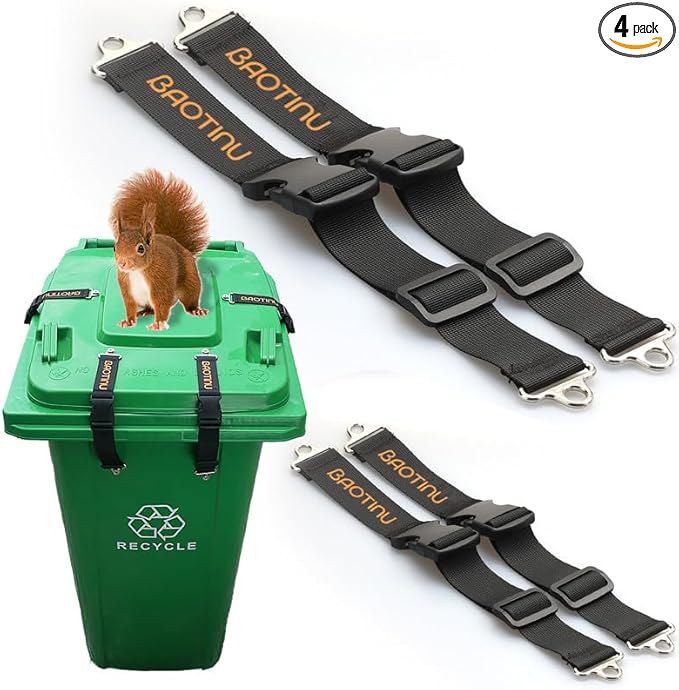 Trash Can Lock for Animals, 4PCS Adjustable Straps Garbage Can Locks for 28-100 Gallon Outdoor Bins, Bear Proof Trash Can Lock with Anti-Rust Metal Buckle, One-Hand Release Lid Locking Design