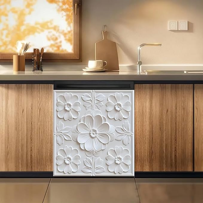 2D Flat White Floral Embossed Dishwasher Magnetic Cover 23 x 26 Inch Elegant 3DFlower Panel Magnet for Modern Kitchen Appliance Decor