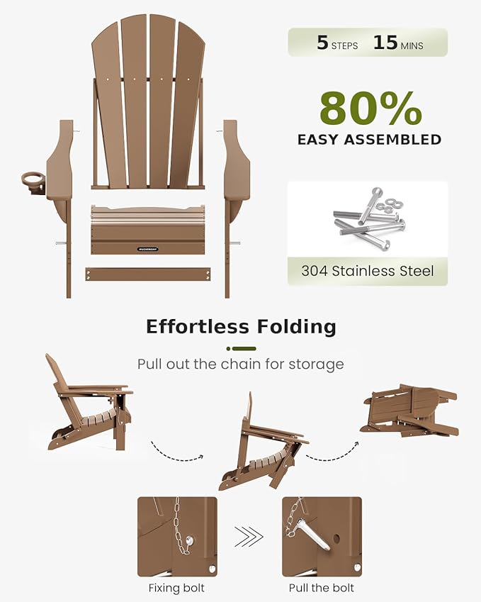 MUCHENGHY Folding Adirondack Chairs 6 Pack, Patio Chairs, Lawn Chairs, Outdoor Chairs, Adirondack Chair Plastic, Fire Pit Chairs, Weather Resistant with Cup Holder for Deck, Backyard, Garden(Teak)