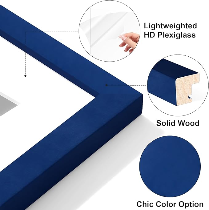 Vittanly 11x14 Picture Frame Set of 2, Solid Wood Frame for Wall Art Photo and Prints, Display Photo 8x10 with Mat or 11x14 without Mat, Royal Blue