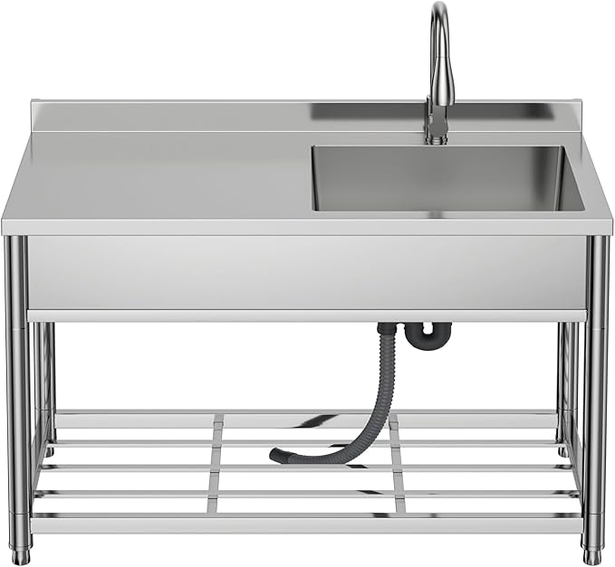 Commercial Sink with Drainboard Stainless Steel Utility Sink with Pull-out Faucet Free Standing Single Bowl Kitchen Sink with Workbench for Restaurant Garage Outoor, 21.7"D x 47.2"W x 37"H, Right Bowl