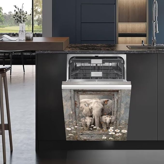 Elephant Dishwasher Magnet Cover - Kithcen Decorative Dishwasher Cover Front Door Panel Decal, Farm Wood Flower Refrigerator Magnet Fridge Sticker, Elephant Gifts for Women, 23x17 Inch