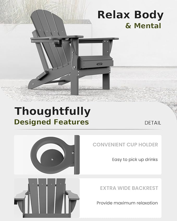 MUCHENGHY Folding Adirondack Chairs HDPE Weather Resistant 6 Pack, Patio Firepit Chairs, Sturdy Outside Chairs, Lawn Chairs, 15min Assembly 380lb Grey