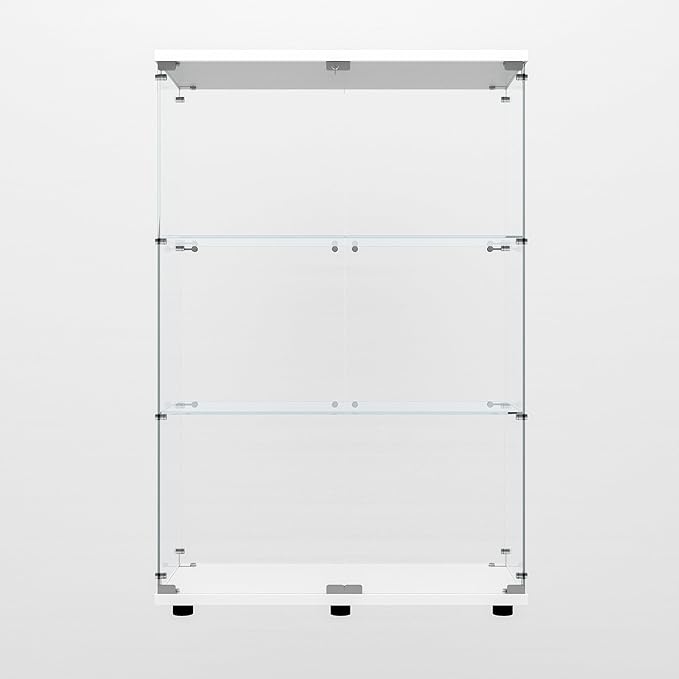 Glass Display Cabinet with LED, 3 Shelves with 2 Doors, Curio Storage Cabinets with Lock for Living Room, Office, Floor Standing Glass Bookshelf, Quick Installation - White