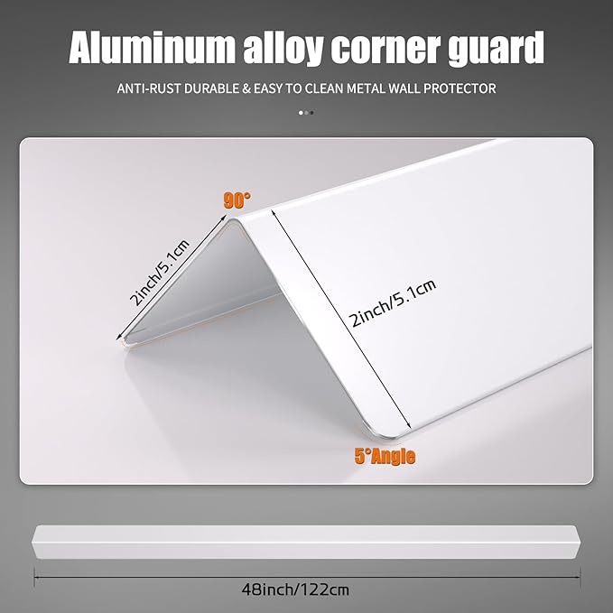2x2x48 Inch 304 Stainless Steel White Wall Corner Guards (10-Pack) Heavy Duty Rounded Corner Protector, Smooth Folded Edge Design for Wall Protection Stainless Steel Slab