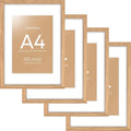 Homeforia A4 Picture Frame Wood, High-End Natural Oak 8.3 x 11.7 Wooden Poster Frames Matted to 5.8 by 8.3 inch Photo, A4 Size Light Wooden Frames with Mat A5 Print, Tempered Glass, Wall Kit, Set of 4