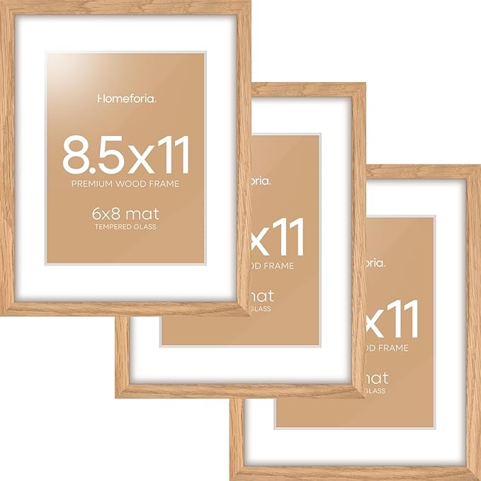 Homeforia 8.5 by 11 Picture Frame Wood, High End Natural Oak 8.5x11 Light Wooden Frames with Mat 6x8 inch Photo, 8.5 x 11 Wall or Tabletop Frame Matted to 6 x 8 Art, Tempered Glass, Wall Kit, Set of 3