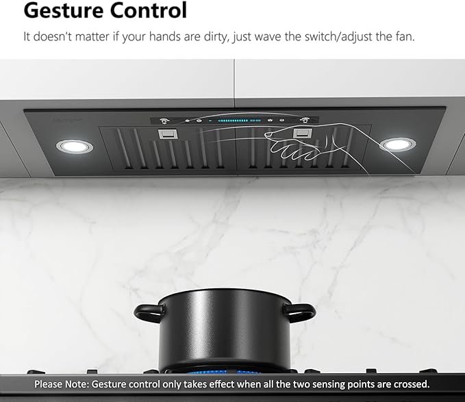 IKTCH 36 inch Black Built-in/Insert Range Hood, 900 CFM Ducted/Ductless Stainless Steel Kitchen Vent Hood with 4 Speed Gesture Sensing&Touch Control Panel(IKB01-36-BSS)
