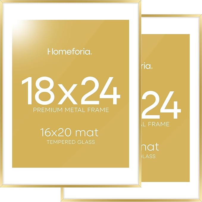 Homeforia 18 x 24 Poster Frame Gold, High End Metal 18x24 Picture Frames with Mat 16x20 Photo, 18 x 24 Gold Frame Matted to 16 by 20 Print, 24x18 Thin Hanging Frame, Tempered Glass, Wall Kit, Set of 2