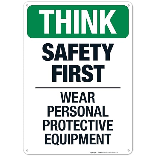 Think Safety First Wear Personal Protective Equipment Sign, 10x14 Inches, 55 mil Thick HDPS (high Density polystyrene), Made in USA