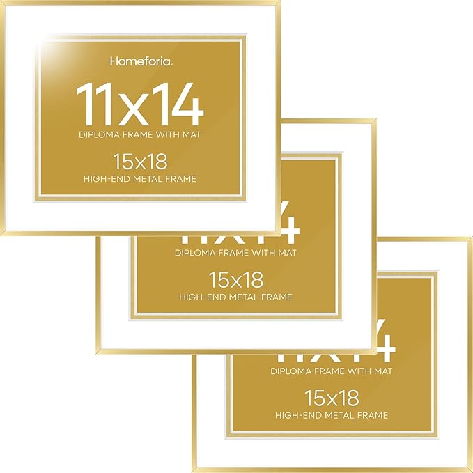 Homeforia 15x18 Diploma Frame Gold, High End Metal 15 x 18 Gold Certificate Frame with Mat 11 x 14, 18by15 Document Frames Matted to 11x14, Graduation Degree Frames, Tempered Glass, Wall Kit, Set of 3