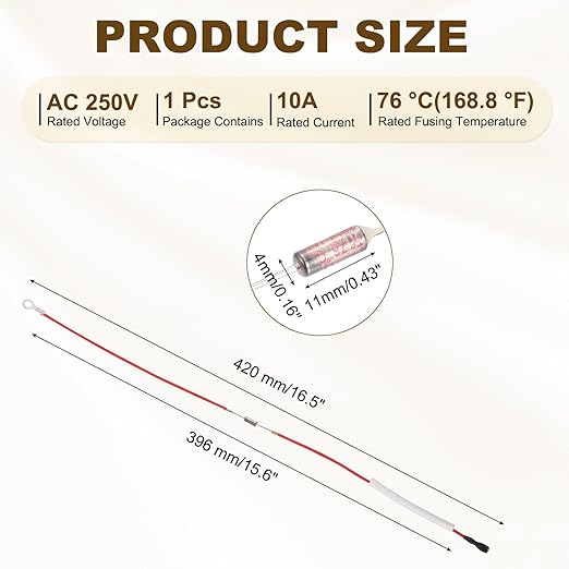 MECCANIXITY Universal Rice Cooker Temperature Fuse, 76°C 10A 250V Metal Thermal Fuse with Terminal and Ring Terminal Fiberglass Sleeving for Electric Pressure Cooker Repair Part