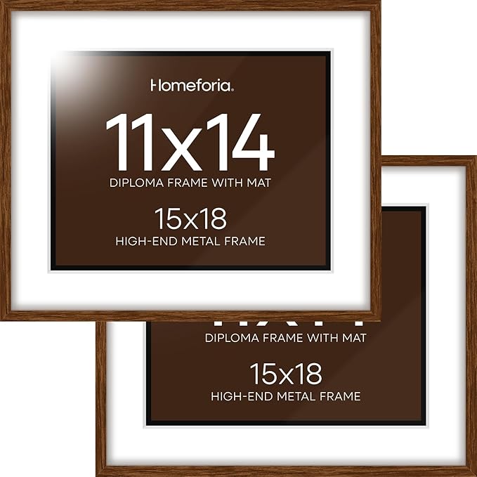 Homeforia 15x18 Diploma Brown Frame, High End Dark Oak 15by18 Certificate Wood Frames with Mat 11x14, 15 x 18 Walnut Wooden Document Frame, Graduation Degree Frames, Tempered Glass, Wall Kit, Set of 2