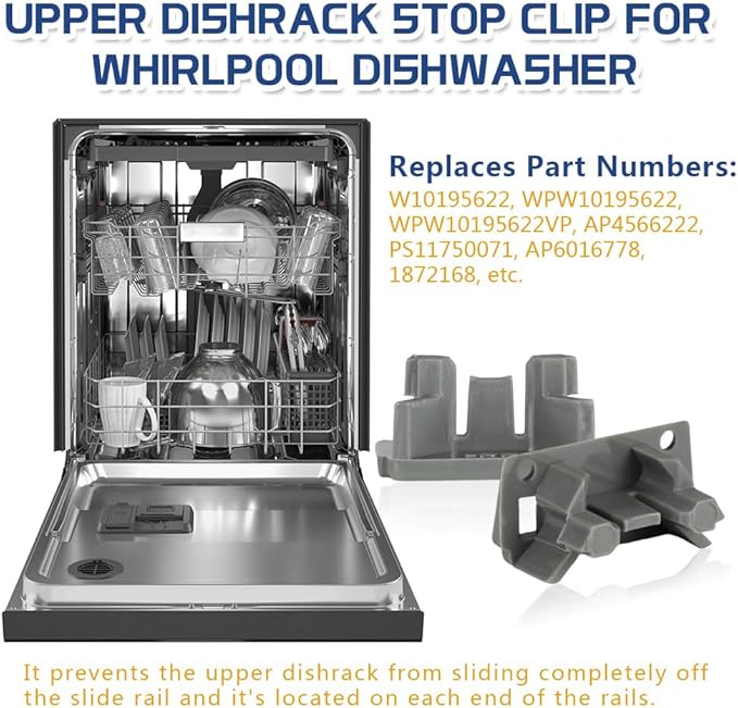 [Upgraded] 2Pcs Dishwasher Rack Stop Clip W10195622, Upper Dishrack Slide Rail Rear Stop fit for Whirlpool/KitchenAid/Kenmore Dishwasher, Replaces AP4566222, PS11750071, 1872168