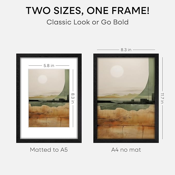 Homeforia A4 Picture Frame Black Wood, High-End Oak 8.3 x 11.7 Black Poster Frames Matted to 5.8 by 8.3 Photo, 8.3x11.7 Size Wooden Frame with Mat for 5.8x8.3 Print, Tempered Glass, Wall Kit, Set of 2