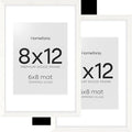 Homeforia 8x12 Picture Frame White, High End Oak 8 x 12 Wood Frames with Mat 6 by 8 Print, 8by12 Wooden Frame Matted to 6x8 inch Photo, 12x8 Wall or Tabletop Frames, Tempered Glass, Wall Kit, Set of 2