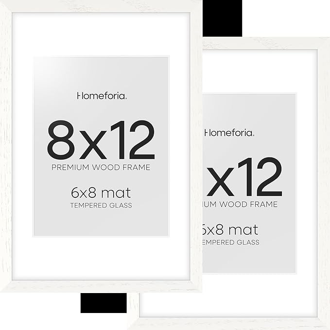 Homeforia 8x12 Picture Frame White, High End Oak 8 x 12 Wood Frames with Mat 6 by 8 Print, 8by12 Wooden Frame Matted to 6x8 inch Photo, 12x8 Wall or Tabletop Frames, Tempered Glass, Wall Kit, Set of 2