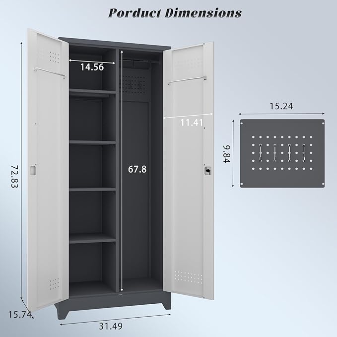 Metal Storage Cabinet,Broom Closet Storage Cabinet with Adjustable Shelves,Tall Utility Cabinet with Pegboard,Locking Storage Cabinets for Garage,Laundry,Basement,Grey-White