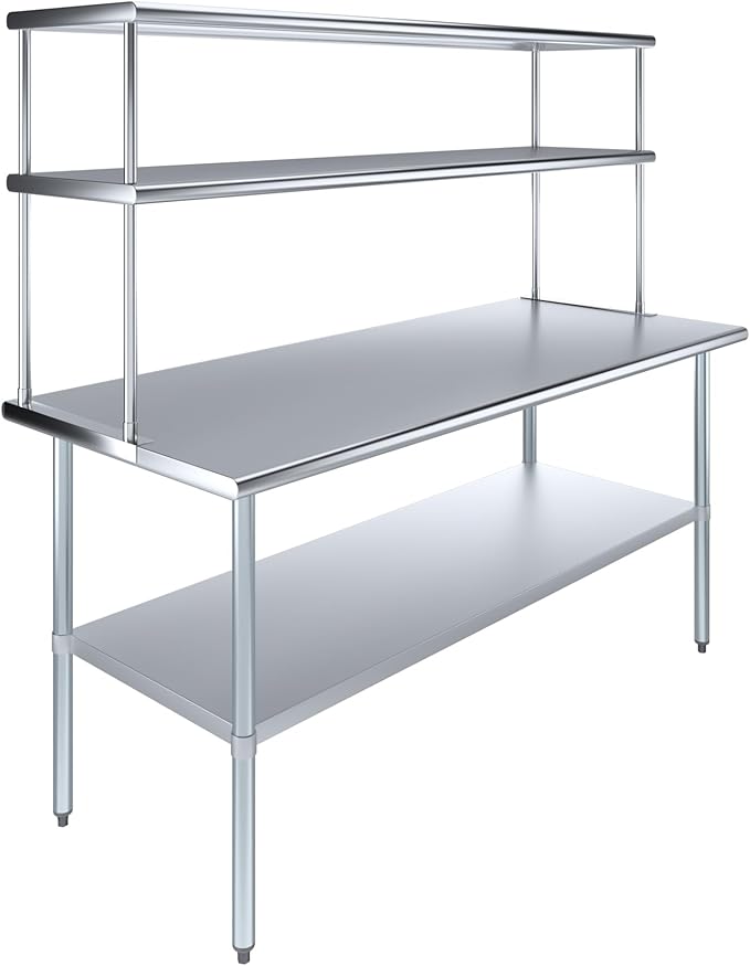 Amgood Stainless Steel Work Table Double Tier Overshelf | 30" x 72" Work Table + 18" Overshelf