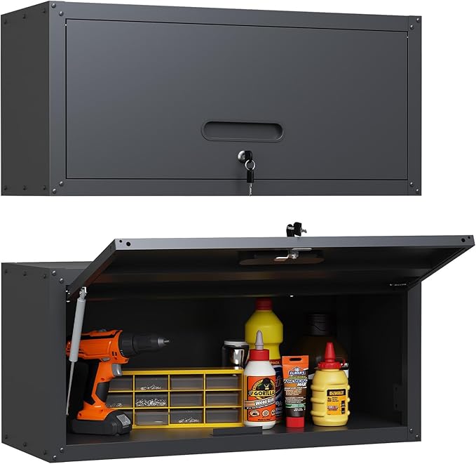 Metal Garage Black Wall Cabinet with Flip UP Door, Lockable Tool Cabinets Garage Cabinet Wall Mounted, Heavy Duty Steel Metal Storage Cabinet for Kitchen Laundry Warehouse, Assembly Required