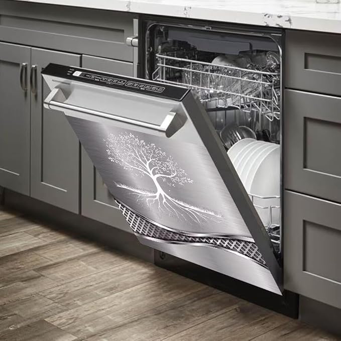 Imitation Stainless Steel Design Tree Painting Dishwasher Magnetic Cover Sticker Refrigerator Door Panel Fridge Appliance Magnet Decal Sheet Kitchen Decor 23x17 inch