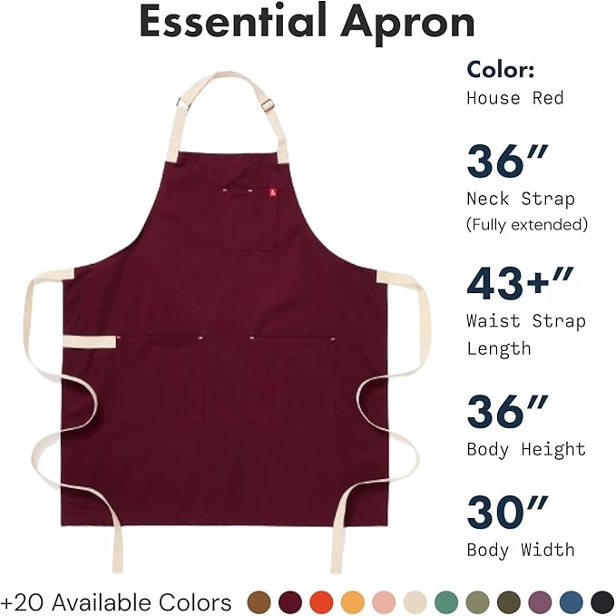 hedley & bennett Essential Apron - Lightweight Cotton Canvas Kitchen Apron with Pockets & Towel Loop - Professional Chef Workwear for Baking & Cooking - House Red