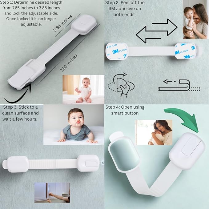 Child Safety Cabinet Locks (4 Pack) – Adjustable Baby Proofing Strap Latches with Strong 3M Adhesive – No Drill Childproof Locks for Drawers, Cabinets, Fridge, Door, Closet, White
