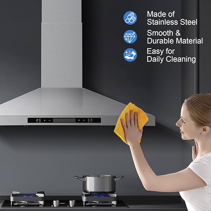 SNDOAS Wall Mount Range Hood 30 inch with Touch and Gesture Sensing Control,Chimney-Style Stainless Steel Range Hood,Vent Hood 30 inch Ducted/Ductless Convertible Kitchen Hood,Baffle Filters