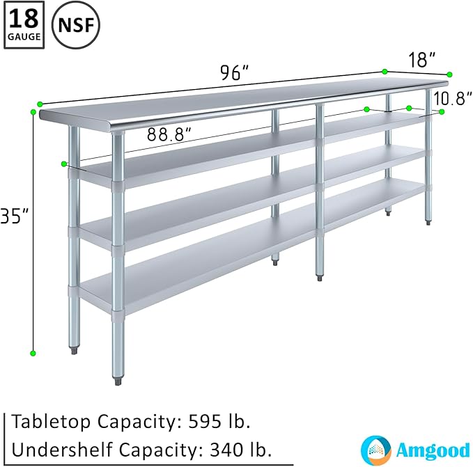 18 in. x 96 in. Stainless Steel Work Table with Three Bottom Shelves | NSF Kitchen Prep Table | Utitly Metal Table