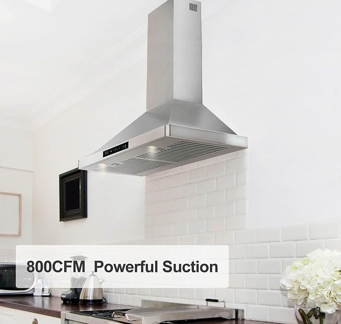 Wall Mounted Range Hood 30inch, with 800CFM Powerful Yet Quiet DC Motor, Stainless Steel Permanent Filters, LED lamps
