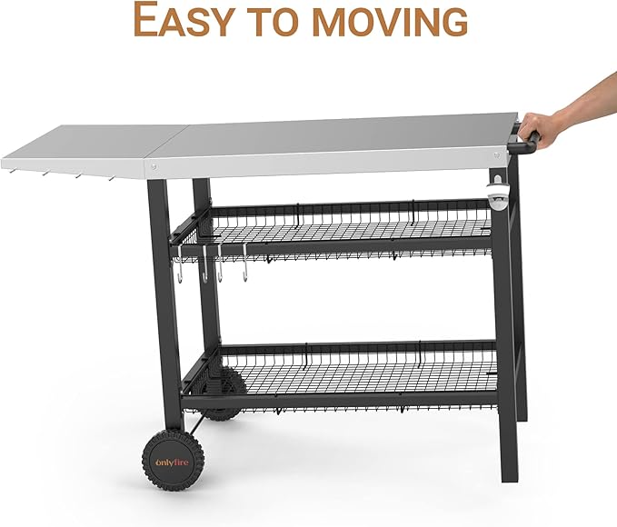 onlyfire Pizza Oven Table Cart for Ooni, Ninja Woodfire, Blackstone Griddle, Cuisinart Pizza Oven, Outdoor Stainless Steel Food Prep Table Movable Food Prep Cart Grill Stand with Storage Basket