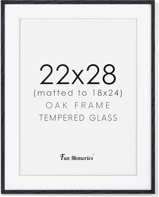 22x28 Black Picture Frame, 22x28 Poster Frame - Solid Oak Wood and Tempered Real Glass, 22x28 Frame with Mat for 18x24, Black Wood Frame 22 by 28, 22"x28" Art Frame