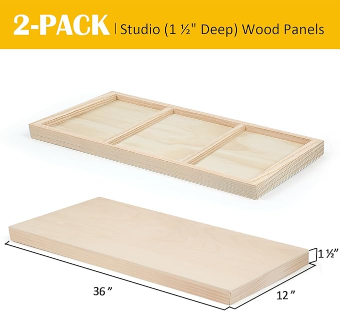 Falling in Art 2 Pack Unfinished Wooden Canvas Panels, 12x36 Gallery Birch Wood Panels Kit, 1 1/2" Deep Art Cradle Boards for Acrylic Painting, Pouring and Burning