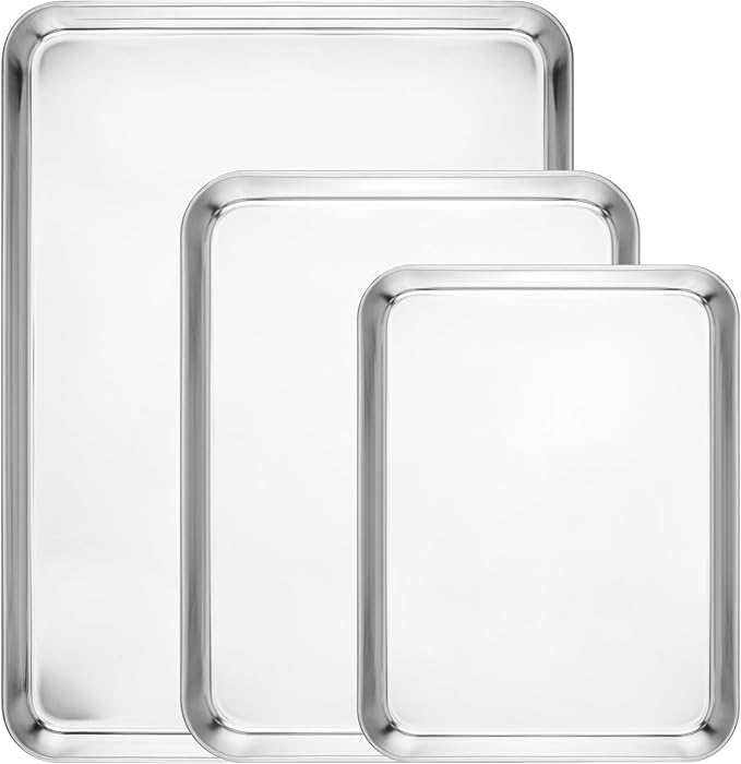 Navaris Baking Pan Breading Trays - Stainless Steel Baking Sheet Chicken Bacon Grilling Pan for Oven Cooking - Oven Grill Pan Cookie Tray - Set of 3 15.7/12.2/10.2" (40/31/26cm)