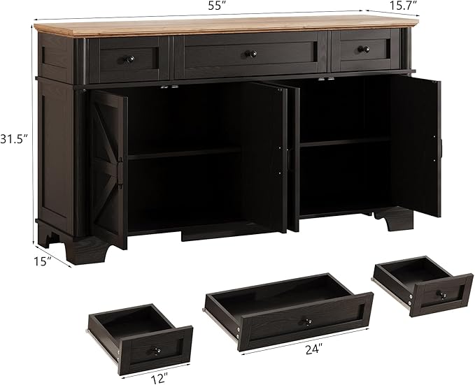 Farmhouse Buffet Cabinet with Storage, 55 Inch Black Sideboard Buffet Cabinet with Adjustable Shelves & 3 Drawers, Buffet Table Coffee Bar Wine Bar Storage for Kitchen & Living Room
