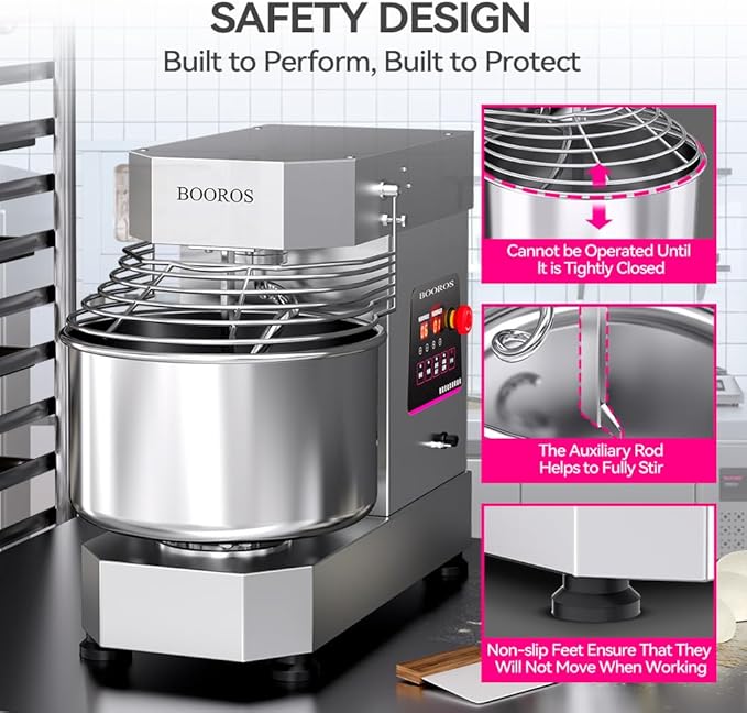BOOROS Commercial Dough Mixer 750W Dual Rotating Dough Kneading Machine Pizza Dough Mixer 10.5Qt Capacity with Timer & Safety Shield Make 2.2-11Lbs of Dough Suitable for Bakery Pizzeria,110V