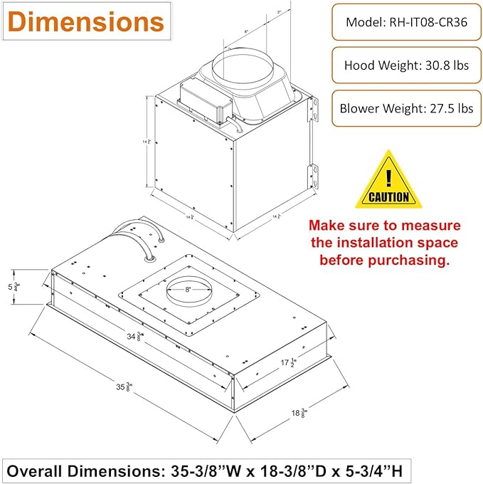 Awoco 36”W Flush Ceiling Mount Split Insert Range Hood, Stainless Steel 4 Speeds 1000 CFM, 8” Round Vent LED Lights Remote Control (36"W 19"D 8" Vent)