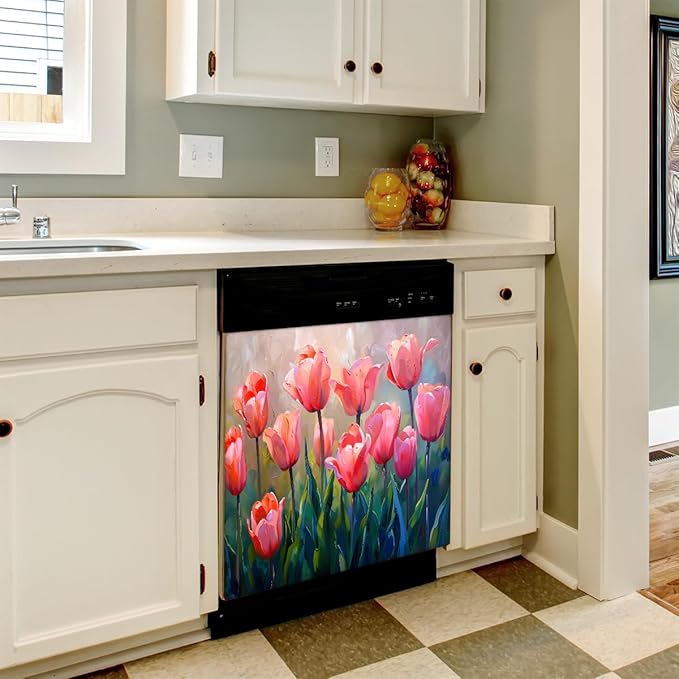 Dishwasher Magnet Cover Beautiful Tulip Flower Front Dishwasher Cover Decoration Reusable Magnetic Door Cover Panel Decal Home Appliances Stickers Kitchen Refrigerator Fridge 23"x26"